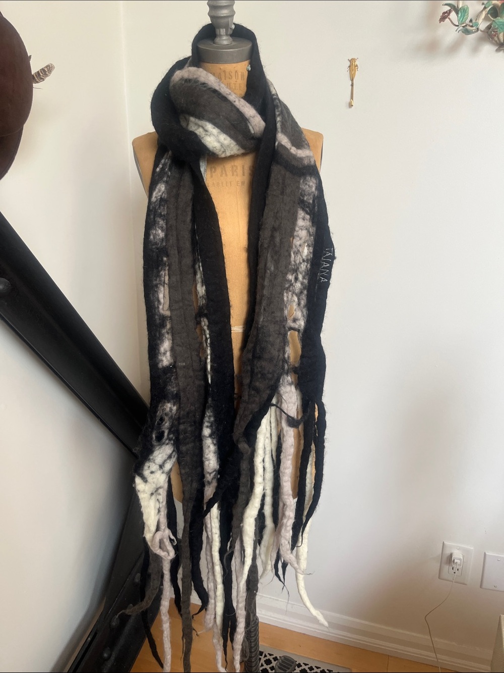 Handcrafted Black & Gray Felted Fringe Scarf
